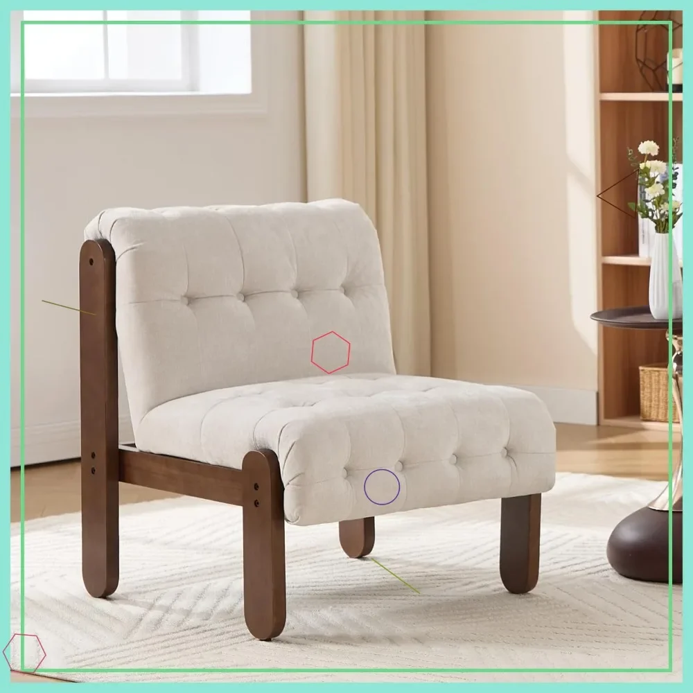 

Modern Vintage Accent Chair with Button Tufted Back, Wood Legs, Chenille Beige for Living Room Bedroom