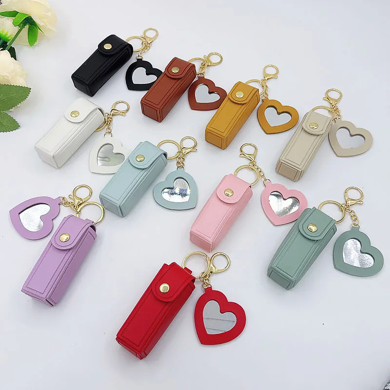 Mini Lipstick Case Keychain with Heart - Shaped Mirror Lipstick Holster PU Case Cute Simple Keychain Bag Pendant Makeup Tool