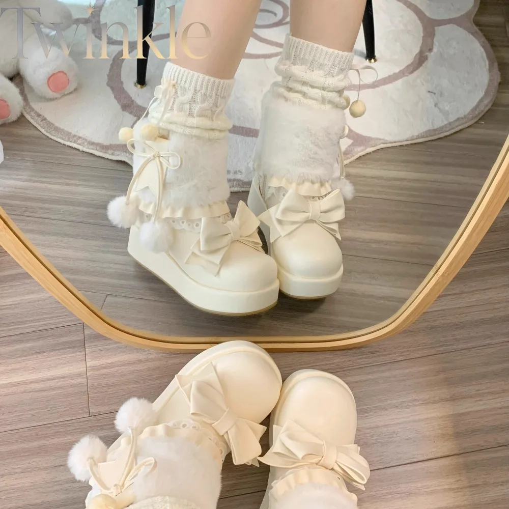 Lolita Snow Boots Women Fleece Lined Round Toe Platform Kawaii Sweet Girl Winter Warm Chunky Cute Jirai Kei