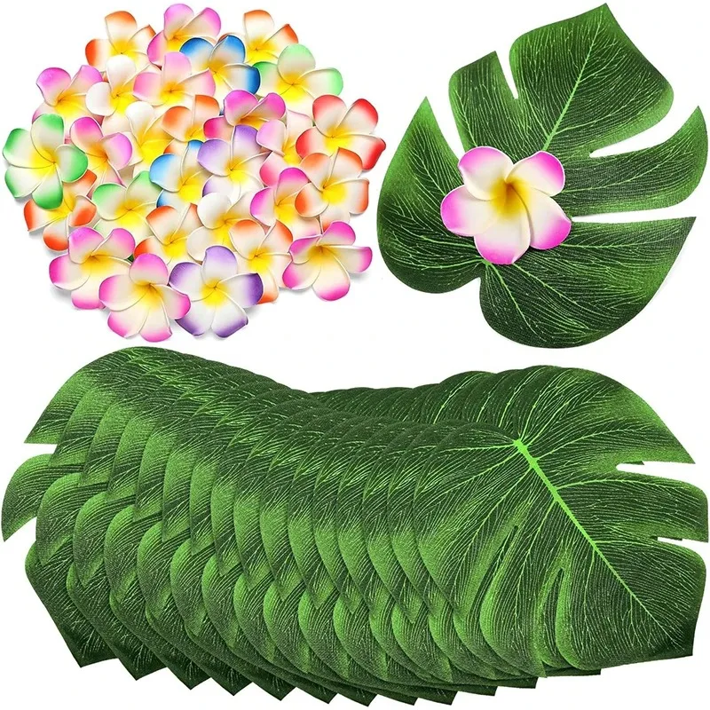 12Pcs Christmas Silk Artificial Monstera Palm Leaves Plumeria Flowers for Hawaiian Tropical Party Decor Home Room Wedding Decor