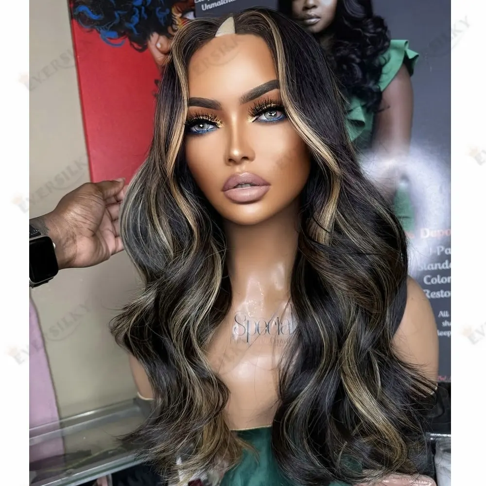 

180Density Honey Blonde Highlight Long Wavy U Part Wig Human Hair Glueless 1x4 Size V Part WIg 100%Remy Human Hair for Women
