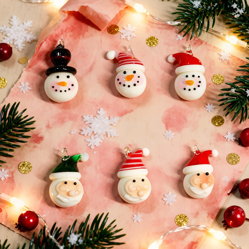 Tiny Cute Christmas Glass Pendant Mini Snowman Santa Claus Charm Ornament Diy Craft Jewelry Making Accessory For Handmade Lovers