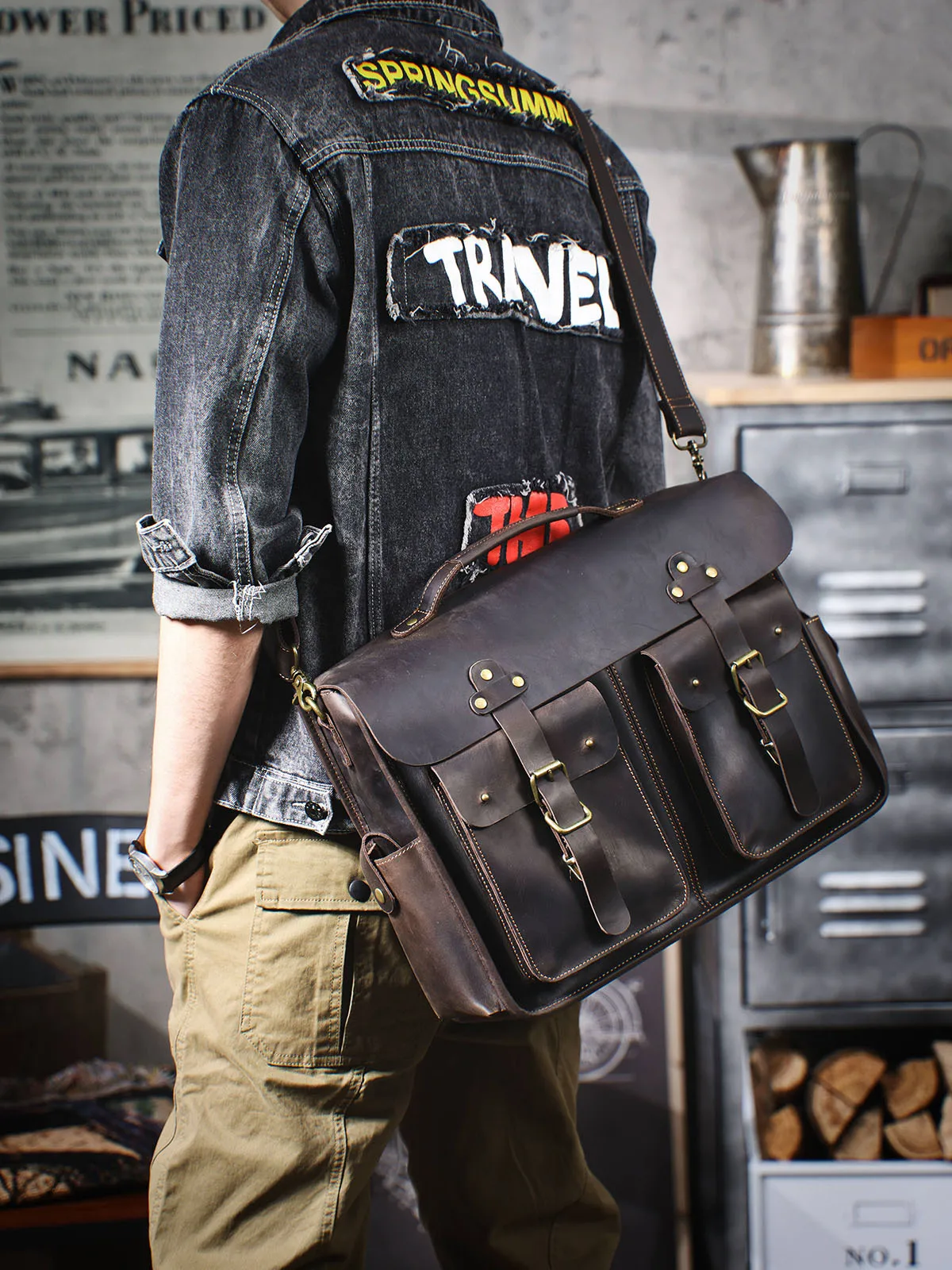 designer handmade luxury crazy horse cowhide men's large-capacity briefcase vintage business genuine leather laptop handbag