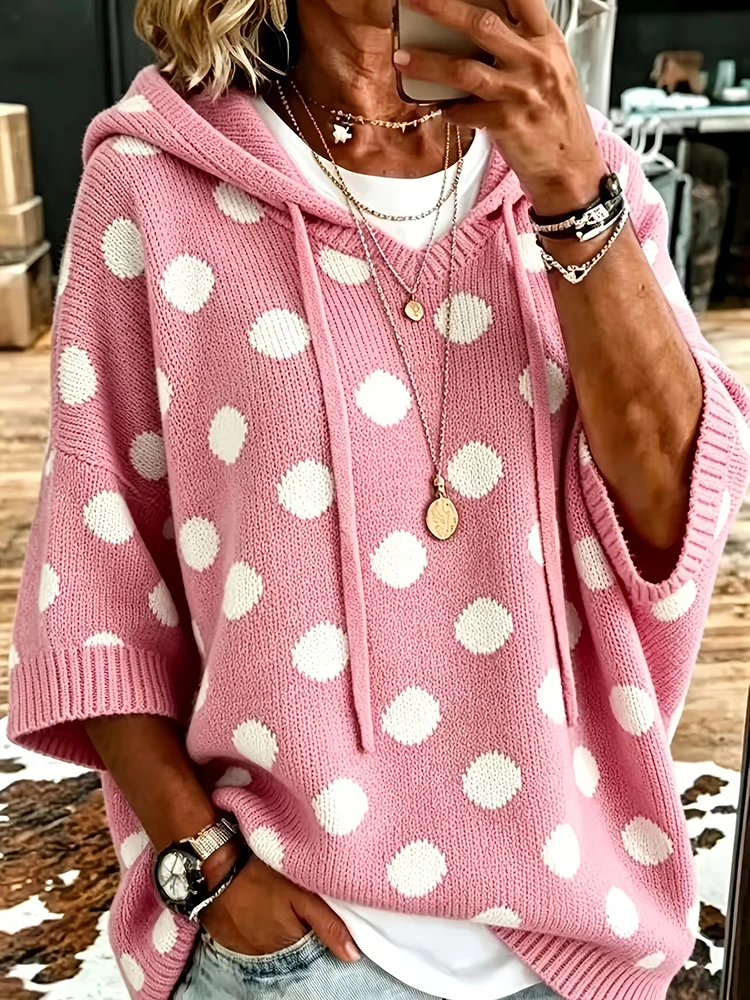 New Women Hooded Three Quarter Sleeve Casual Sweaters Spring Autumn Dot Print Loose Pullover Top Elegant Streetwear Dropshipping