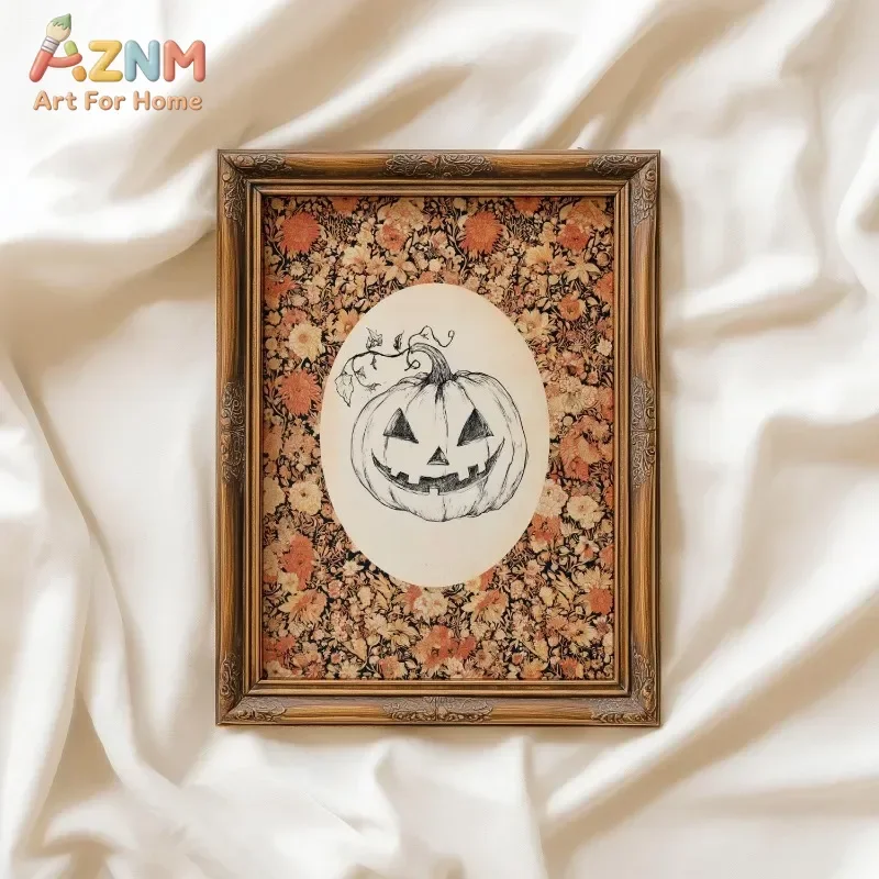 AZNM Vintage Halloween Canvas Wall Art Jack O Lantern Pumpkin Floral Background Print Poster Retro Autumn Wall Painting Home Dec
