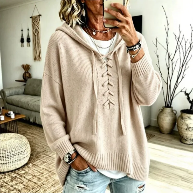 Women Hooded Lace Up Knit Sweater Fashion New Loose Long Sleeve Pullover Solid Color Casual Autumn Winter Knitwear Tops