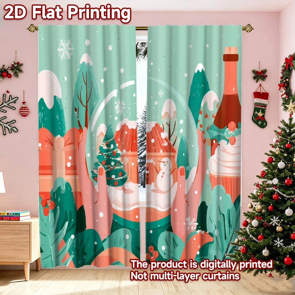 2D flat printing 2pcs Stylish Christmas Curtains Christmas Snow Globe Scene Digitally printed polyester, durable Birthday Party