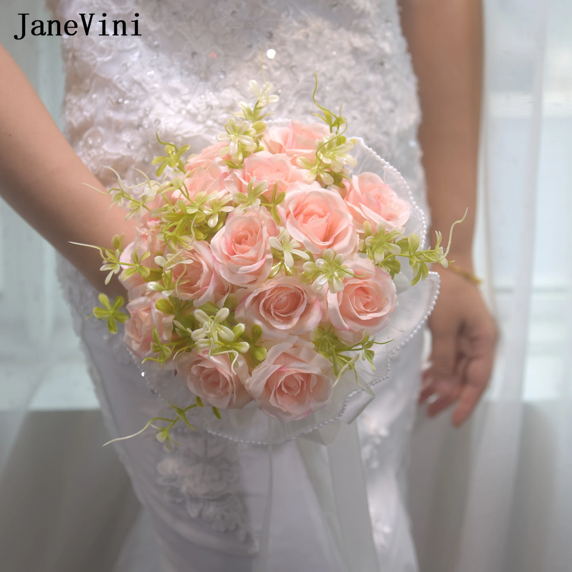 

JaneVini New Romantic Pink Flowers Bridesmaid Hand Bouquets Artificial Silk Roses Bride Fake Bouquet Outdoor Wedding Accessories