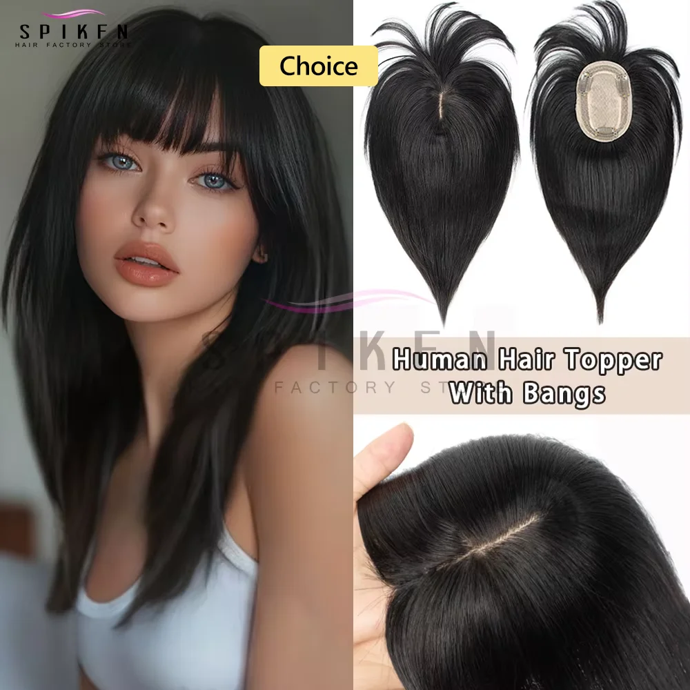 Nature Black Real Human Hair Topper 8x12cm Breathable Hair Base Hair Pieces with Hair Bangs 20-35cm for Cover Grey /white Hair