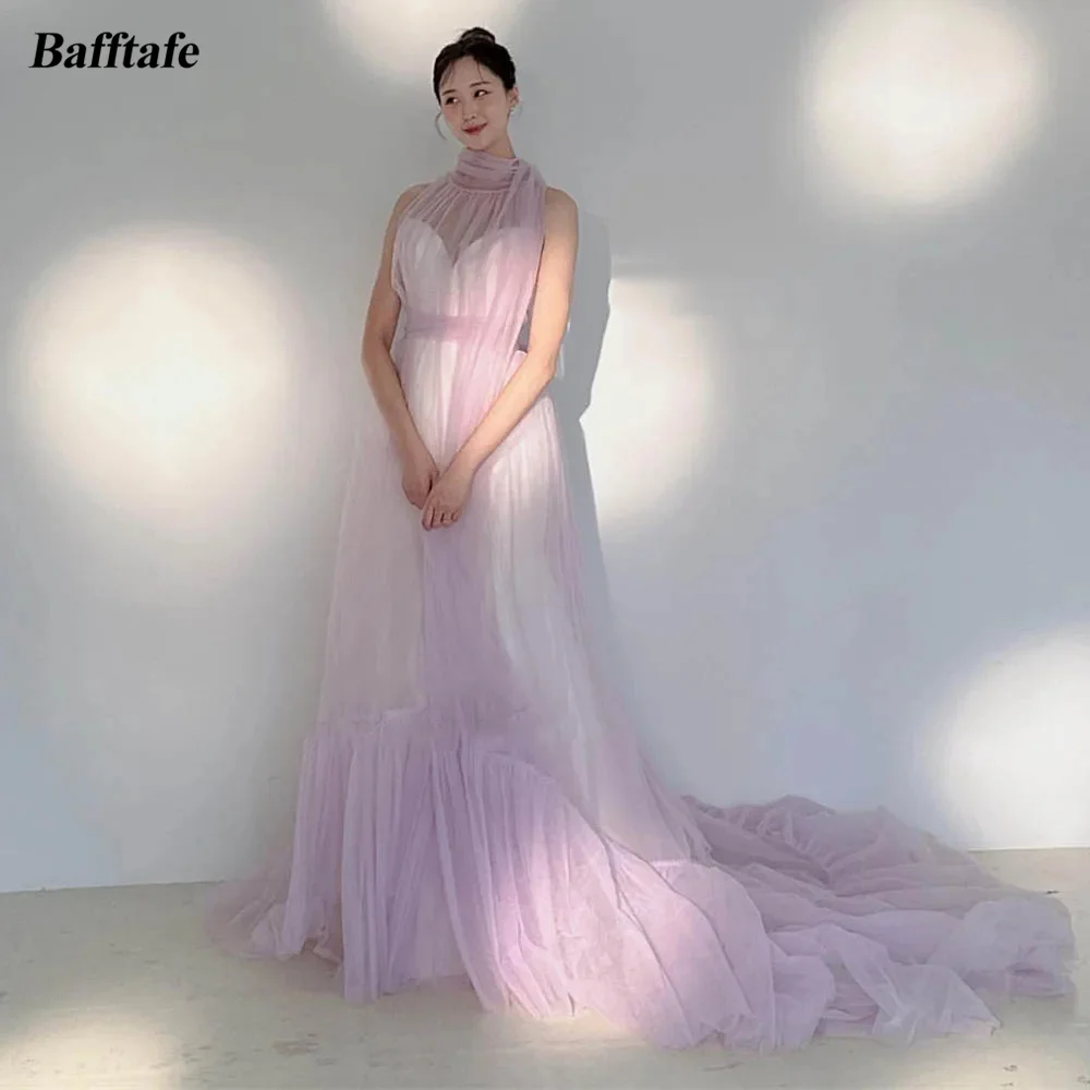 

Bafftafe Formal Tulle Korea Lady Prom Dresses Customized Halter Lilac Pleated Evening Gowns Formal Women Wedding Photoshoot Gown