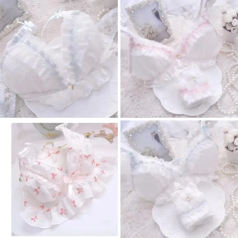 

Lace Hollow-Out Floral Embroidered Deep V Lolita Bra Set with Steel Rings, Thin Cup & Large Sizes
