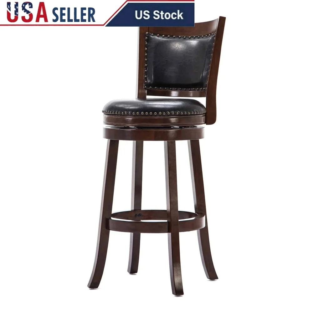 

Wood Swivel Bar Stool High Height Dining Kitchen Stool with Faux Leather Cushion Brass Nailhead Trim 360 Degree Rotating