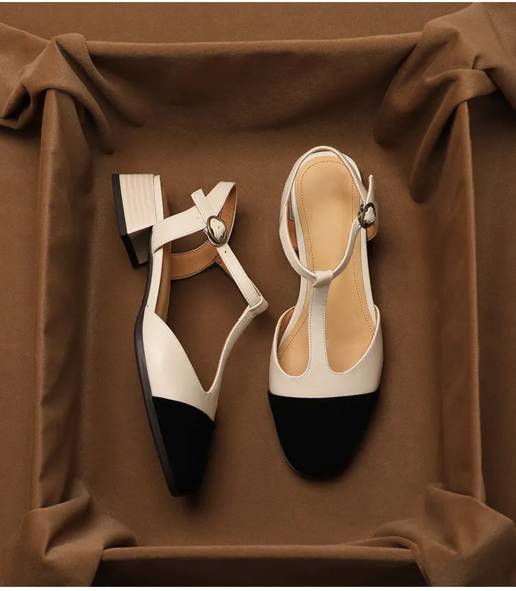 SHOEBOX Baotou Color blocked Sandals Women's Middle Heel Summer New Style Casual Style Leather Large Size Coarse Heel Women's
