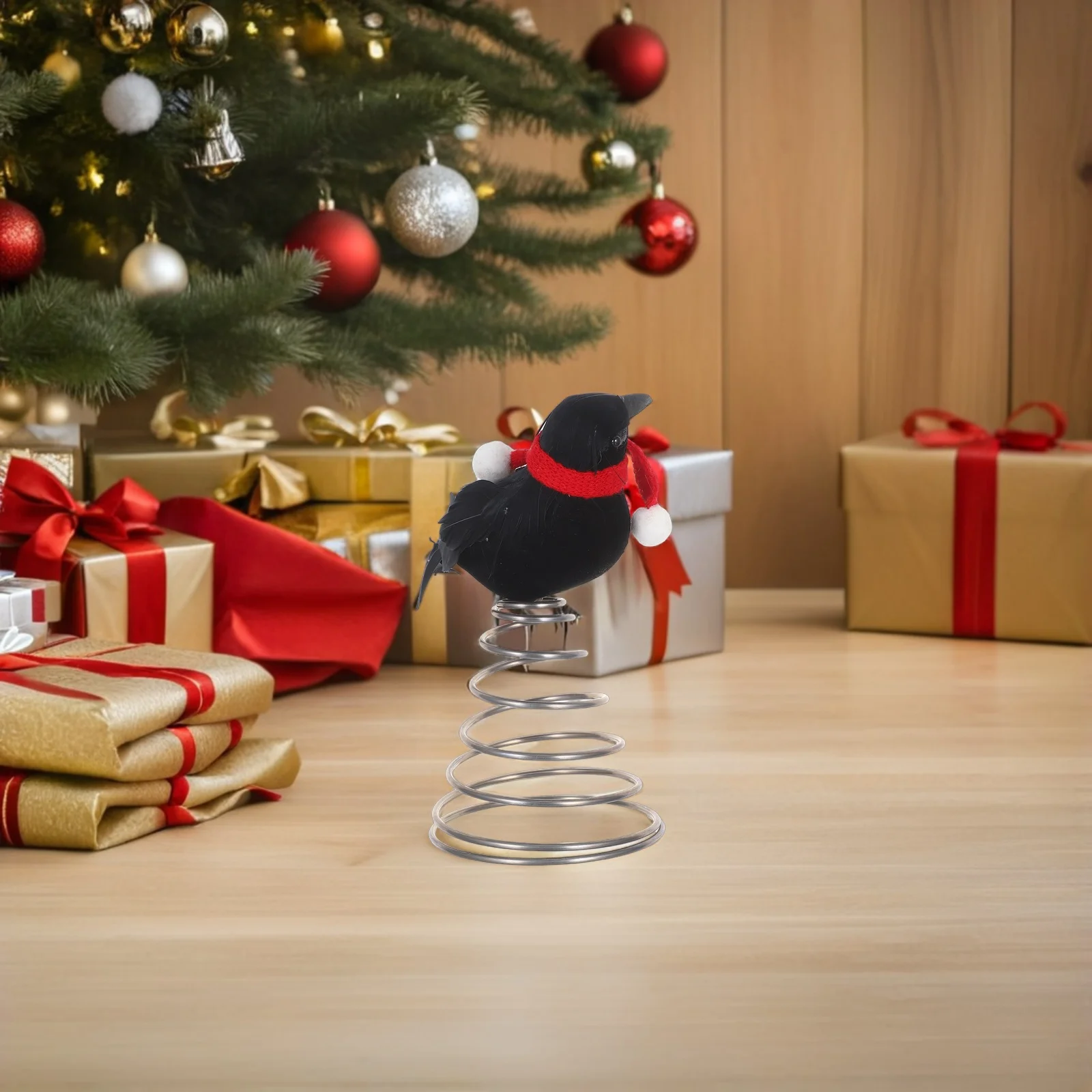 Mini figurka kruka na szczyt choinki, czerwony szalik, metalowy ptak, dekoracje świąteczne, ozdoby na choinkę, ozdoby na szczyt choinki, dekoracje na biurko