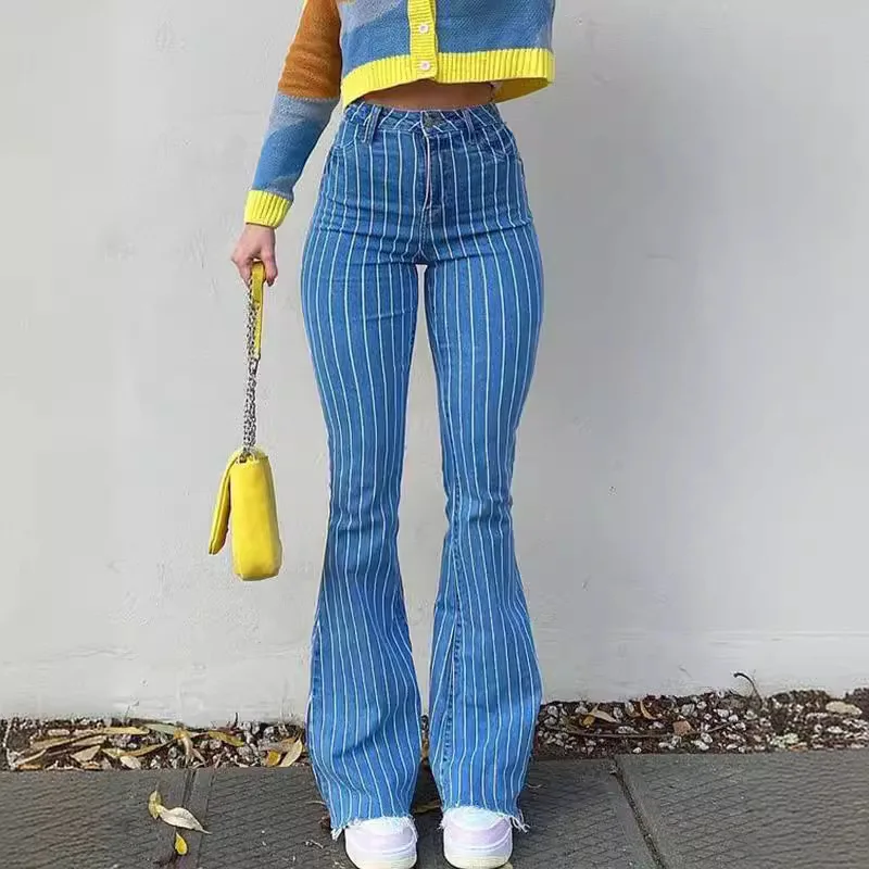 

American Style Retro High-waisted Striped Skinny Jeans Female New Autumn Spice Girl Slimming Microhorn Long Pants Jeans Y2k