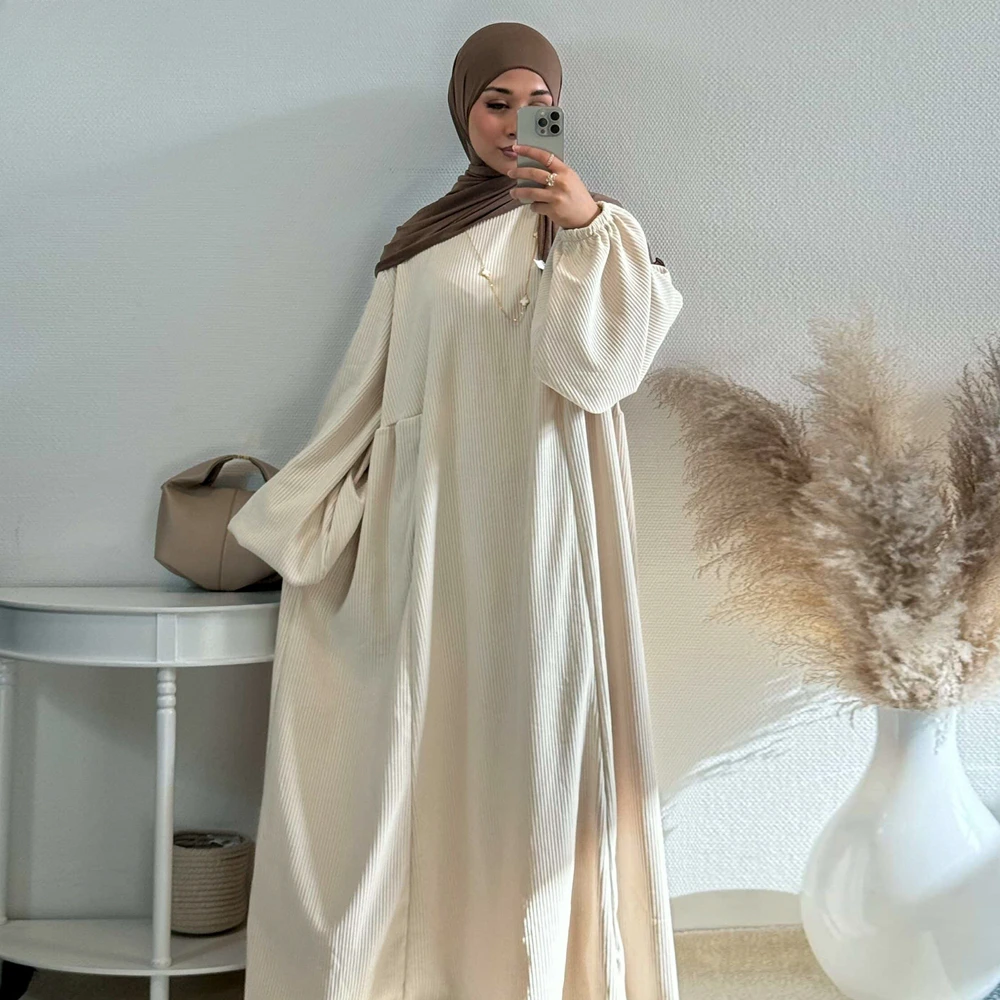 UNI 2024 Dubai Corduroy Muslim Abaya Women Eid Ramadan Modest Dress Loose Large Elegant Gown Islam Clothing Turkey Solid Robe