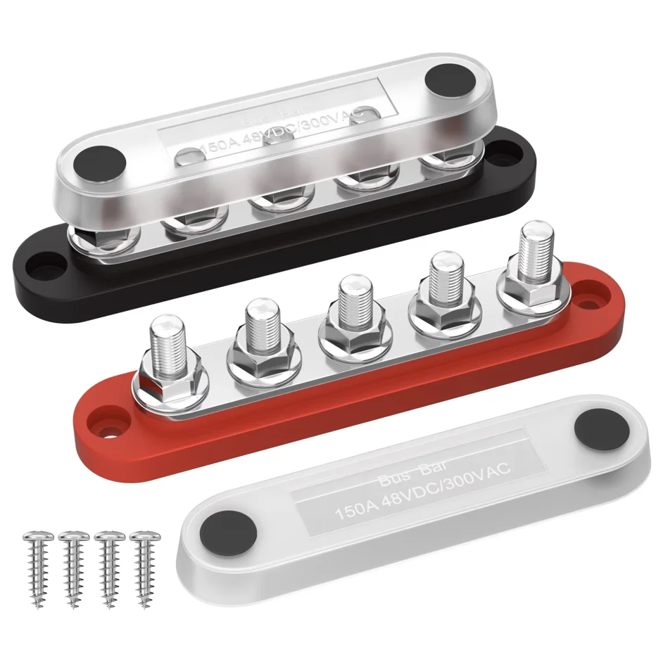 

DaierTek Bus Bar 12V Power Distribution Block with Cover 5 x 1/4" Studs Terminal Block Max 150A 48VDC Positive Negative for Auto
