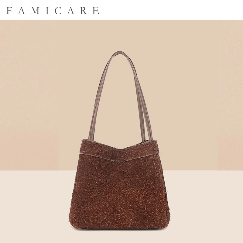 Fall Winter New Suede Leather Spacious Tote Bucket Bag Chain Strap Shoulder Bag Women Unique Casual Commuting Vintage Handbag