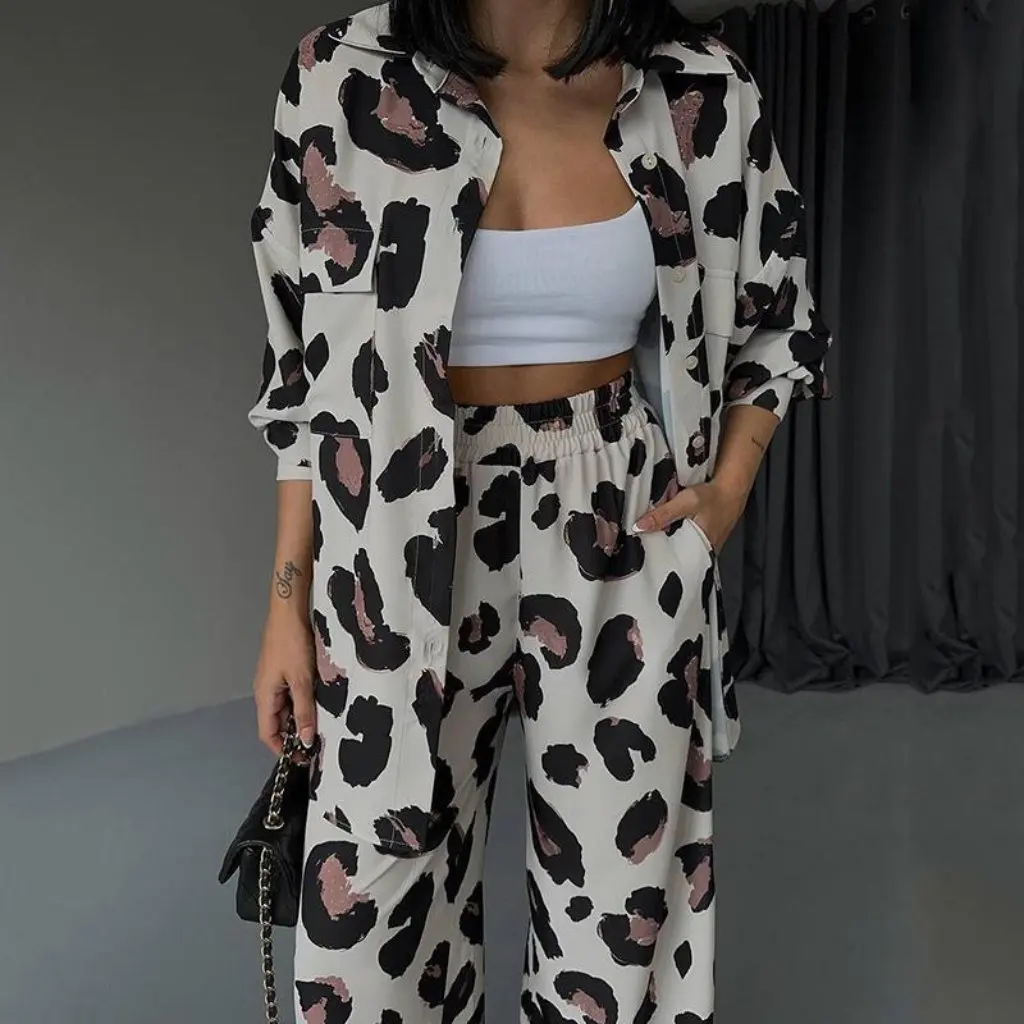 

Women's European And American Casual Two-Piece Set Autumn Print Design Long Sleeve Shirt And Wide Leg Pants
