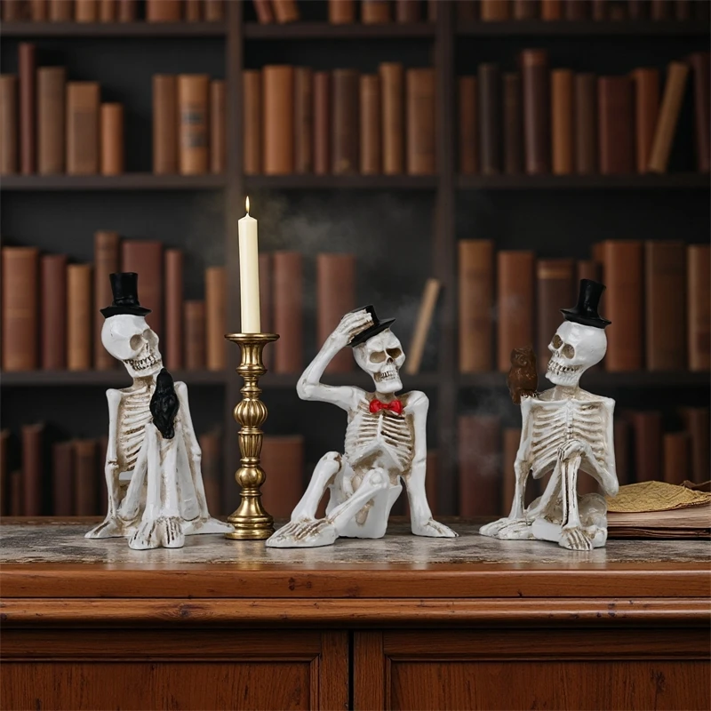 

Halloween Cartoon Skeleton Character Figurine Resin Secret Room Haunted House Funny Atmosphere Skull Resin Decoration Gifts New