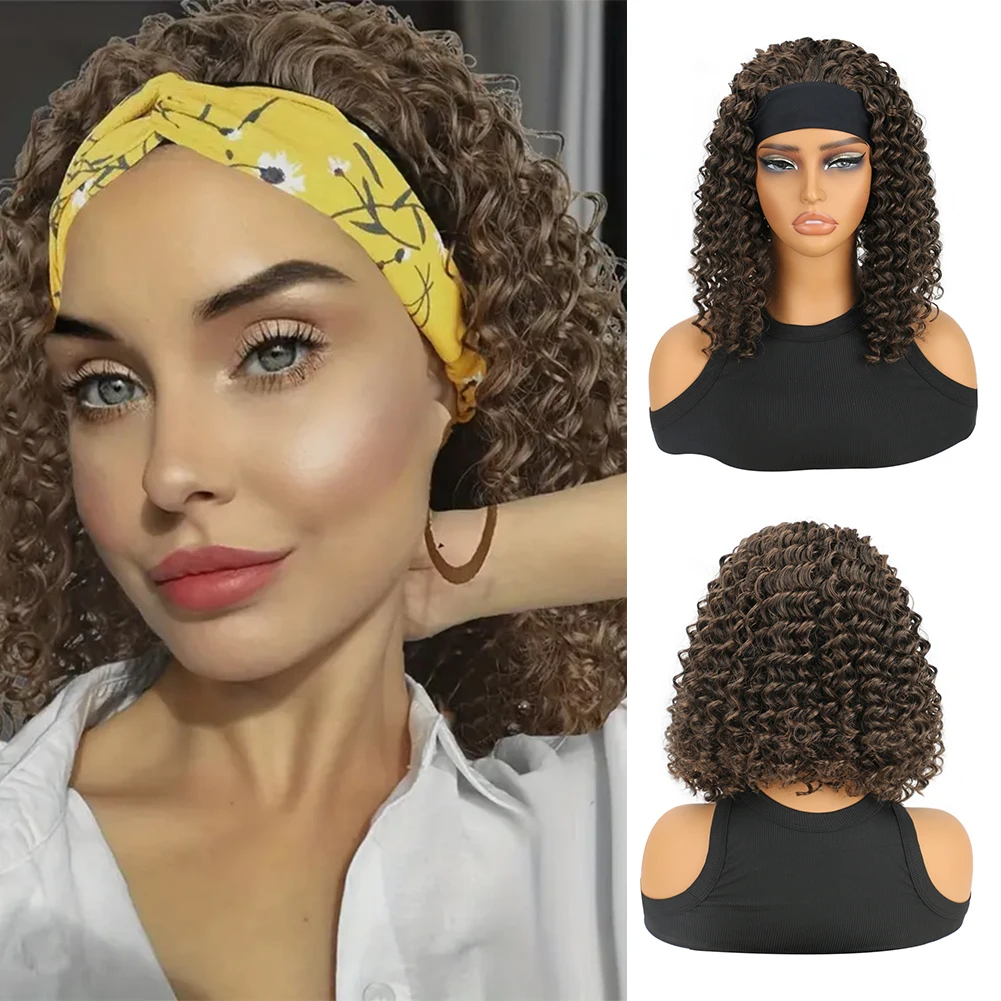 

Headband Wigs Deep Wave Hair Wigs With Headband 12 Inch Long Wavy Synthetic Fiber Wigs Attached For Women