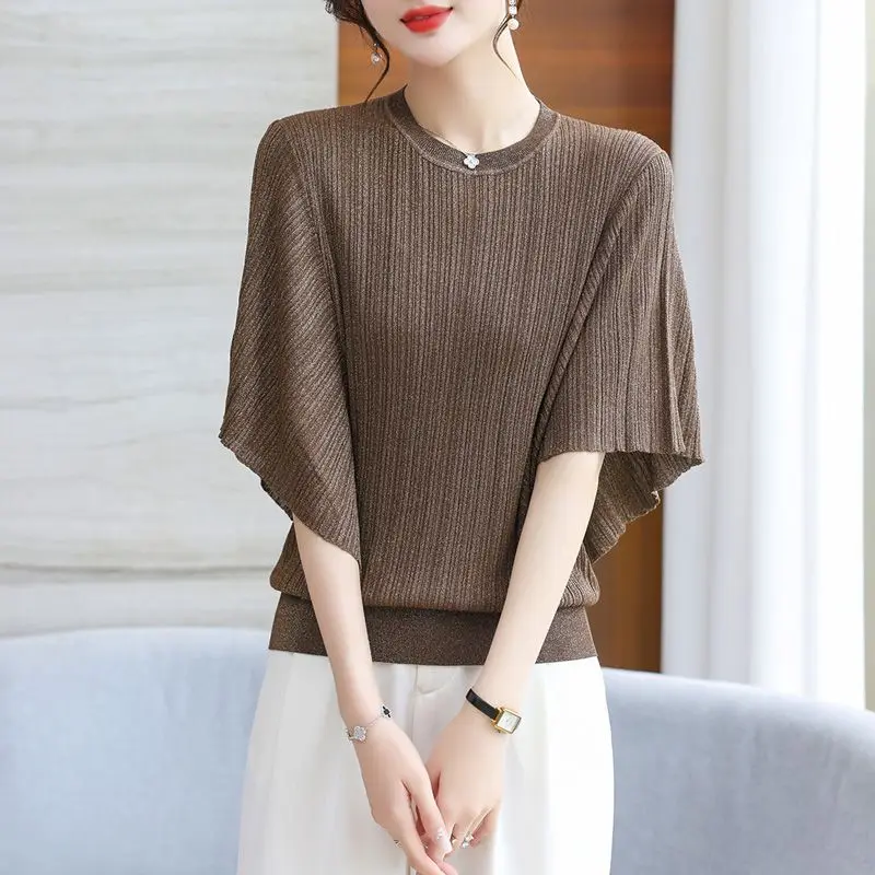 Ice Silk Spring Summer Round Neck Women Sweater Knitted Sweater Loose Casual Korean Shirts Short Sleeve Solid Color Tops A514