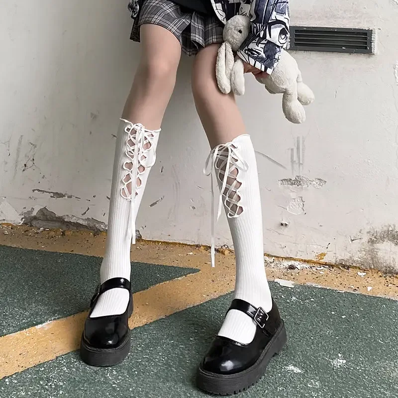 Gothic Lolita Stockings Women Vintage High Street JK Aesthetic Y2k All-match Stretchy Bandage Design Solid Ins Hosiery Fashion