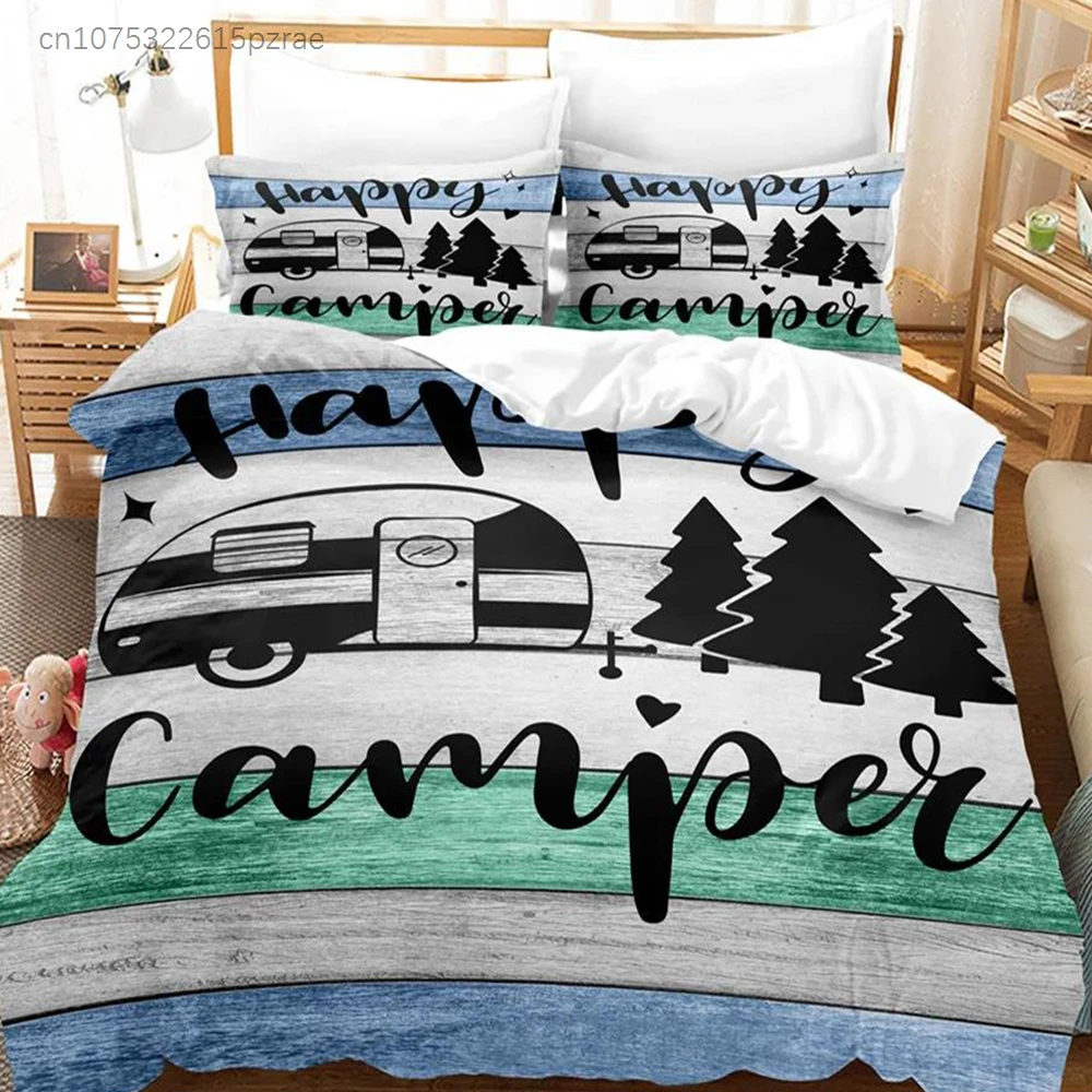 3pcs Happy Camper Pattern Printed Bedding Set, Suitable For Teenagers And Adult's Bedroom, Camping, 1*Duvet Cover+2*Pillowcase