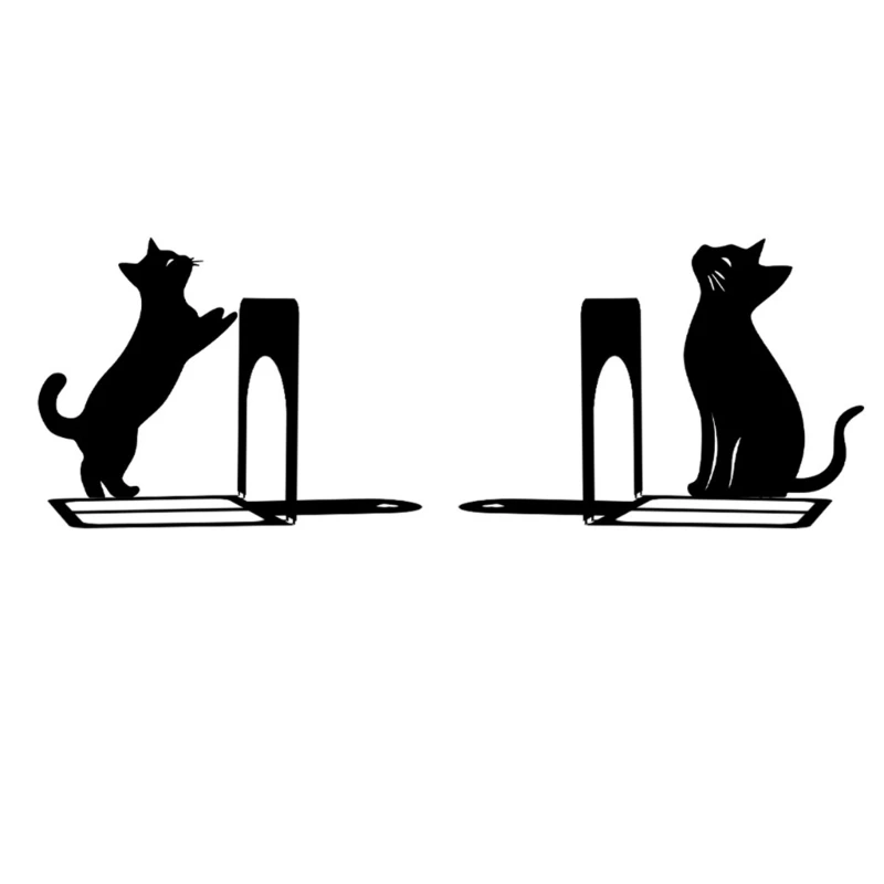 Metal Cats Bookends 1 Pair for Desk Organization, Black L-Shaped Book Holders for Shelves, Textbooks, Magazines and Office F19E