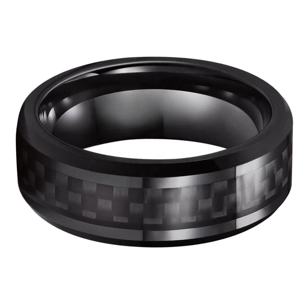 8MM Men's Tungsten Steel Carbide Wedding Band Engagement Rings for Men Women Black Carbon Fiber Inlay Beveled Edges Comfort Fit