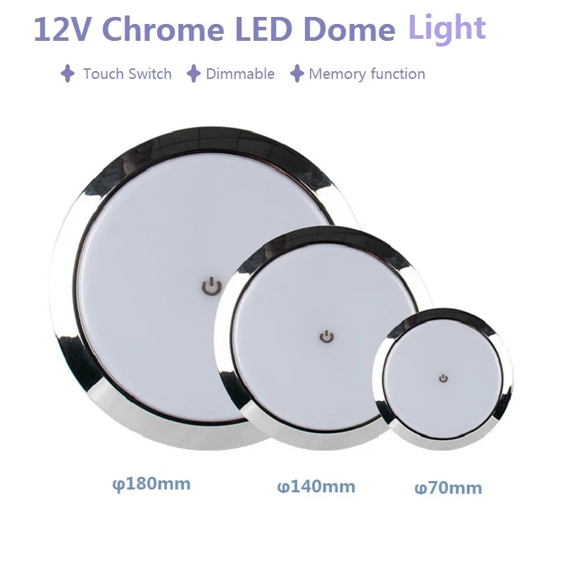 Dimmable Panel Lights 12V 24V Chrome Dome Lamp with Memory Function10-100% for RVs Boat Interior Reading φ70/140/180mm Cool Warm