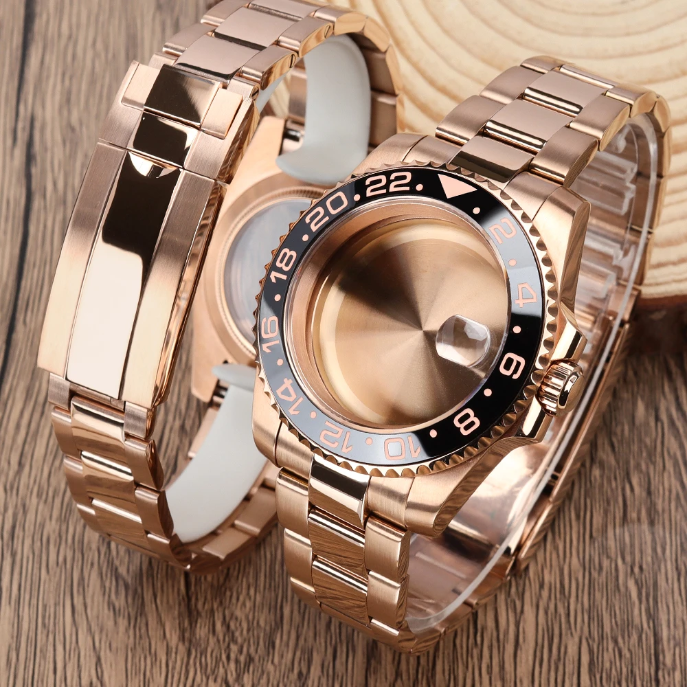 

40mm Rose Gold GMT Watch Case NH35 Yacht Design Ceramic bezel Sapphire for NH35 NH34 8215 ETA2824 Oyster Strap Glide Lock Clasp