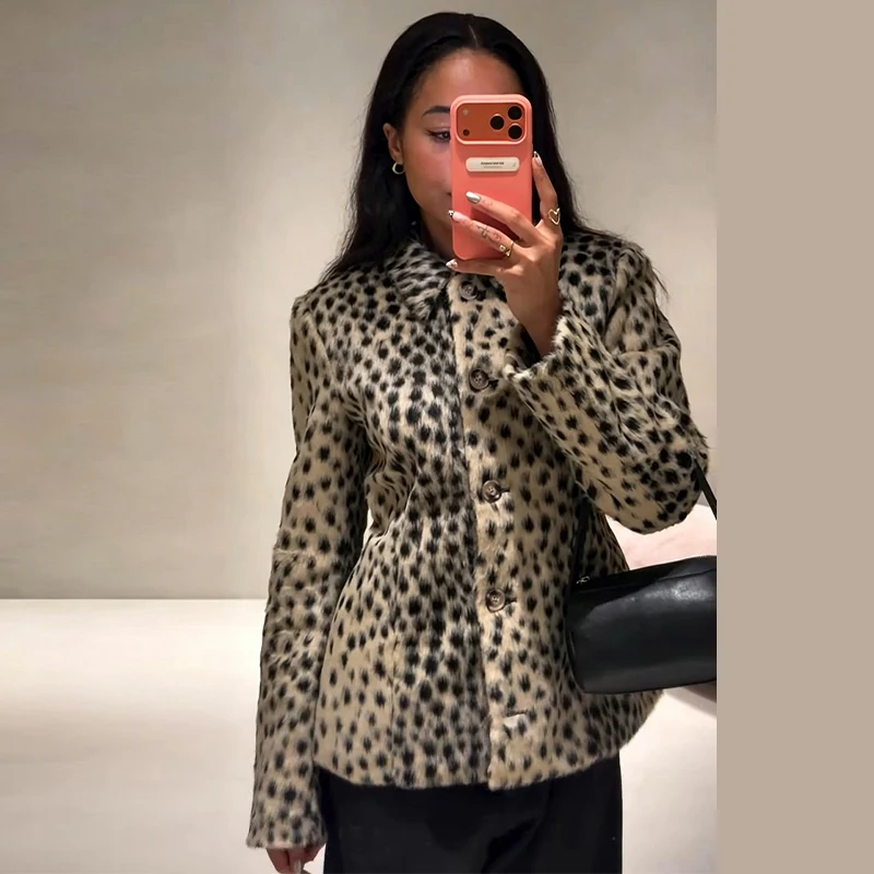 Women's Color Block Spotted Faux Fur Jacket Fur Jacket Wide Lapel Collar Long Sleeve Cropped Hem Drop Shoulder Street Warm Tops 1