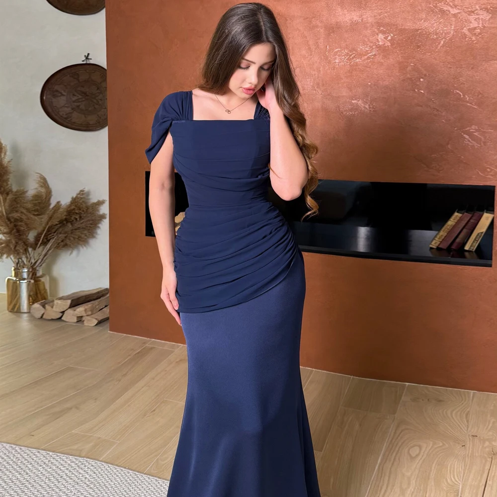 Sukienka wieczorowa syrena z krótkim rękawem, plisowana, z trenem rybim, dla gościa weselnego, granatowa, vestidos de fiesta