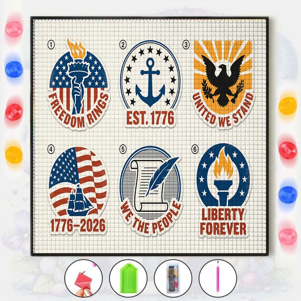 

1PC DIY Patriotic Stickers Style 1776-2026 Freedom Symbols Full Drill Diamond Painting Torch Eagle Anchor Art Home Wall Decor