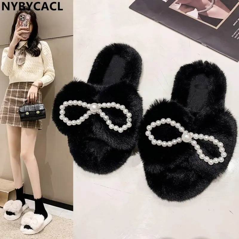 Mink Slippers European Stand Women's Real Mink Fur Slippers Fashion Ladies Furry Slippers Girls Flat Bow pearl Slippers Outside