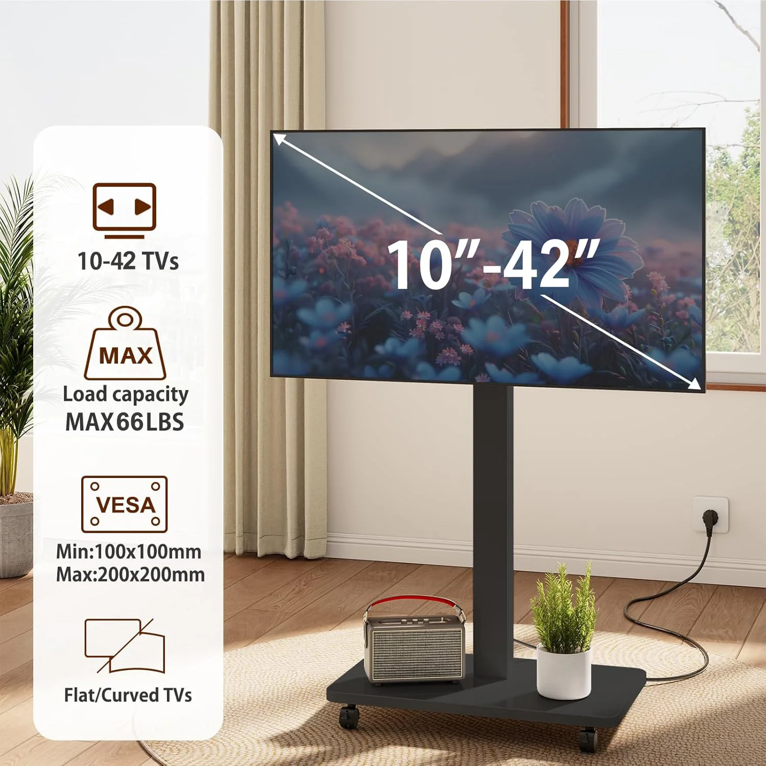 

Rolling TV Stand for 10"-42" TVs Portable Mobile TV Stand on Wheels 3-Level Height Adjustable TV Cart with Swivel & Tilt Mount