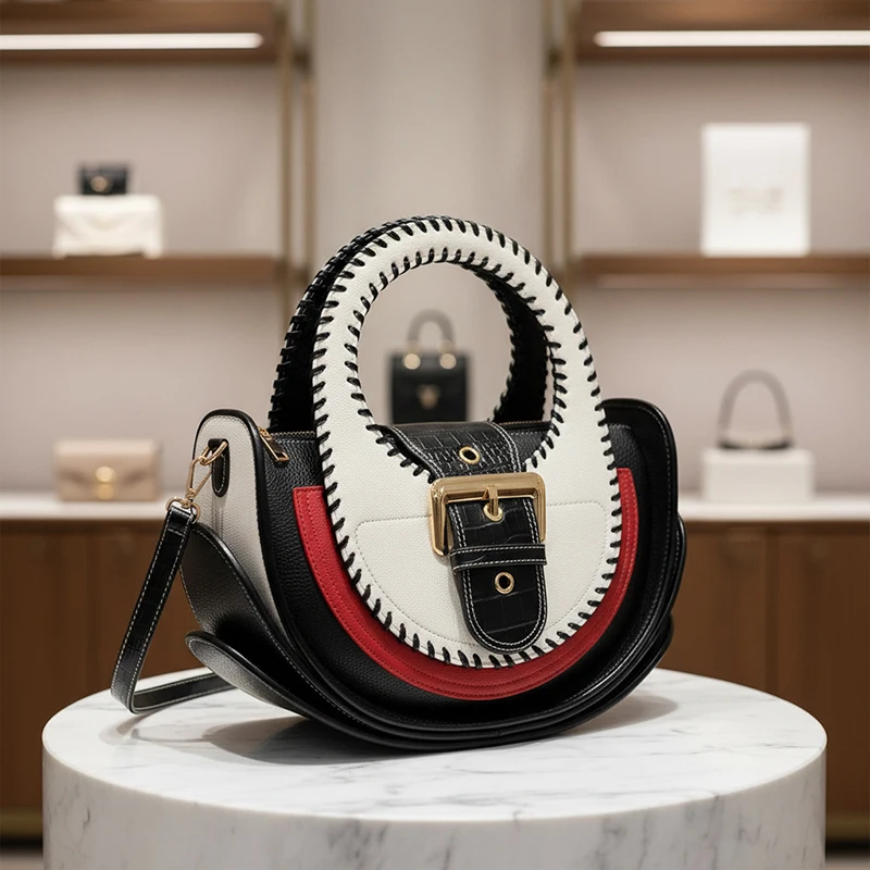 Colorblock Splicing Crescent Shape Top Handle Handbag With The Matching Purse,Women Crossbody Shoulder Bag,Hoop Handle Tote Bag