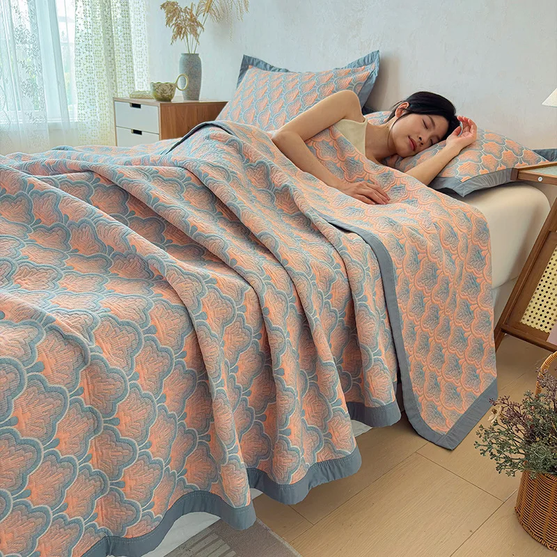 100% Cotton 3-Layer Muslin Jacquard Throw Blanket – Soft Breathable Lightweight Sofa Bed Cover, A-Grade All-Season Nap Blanket