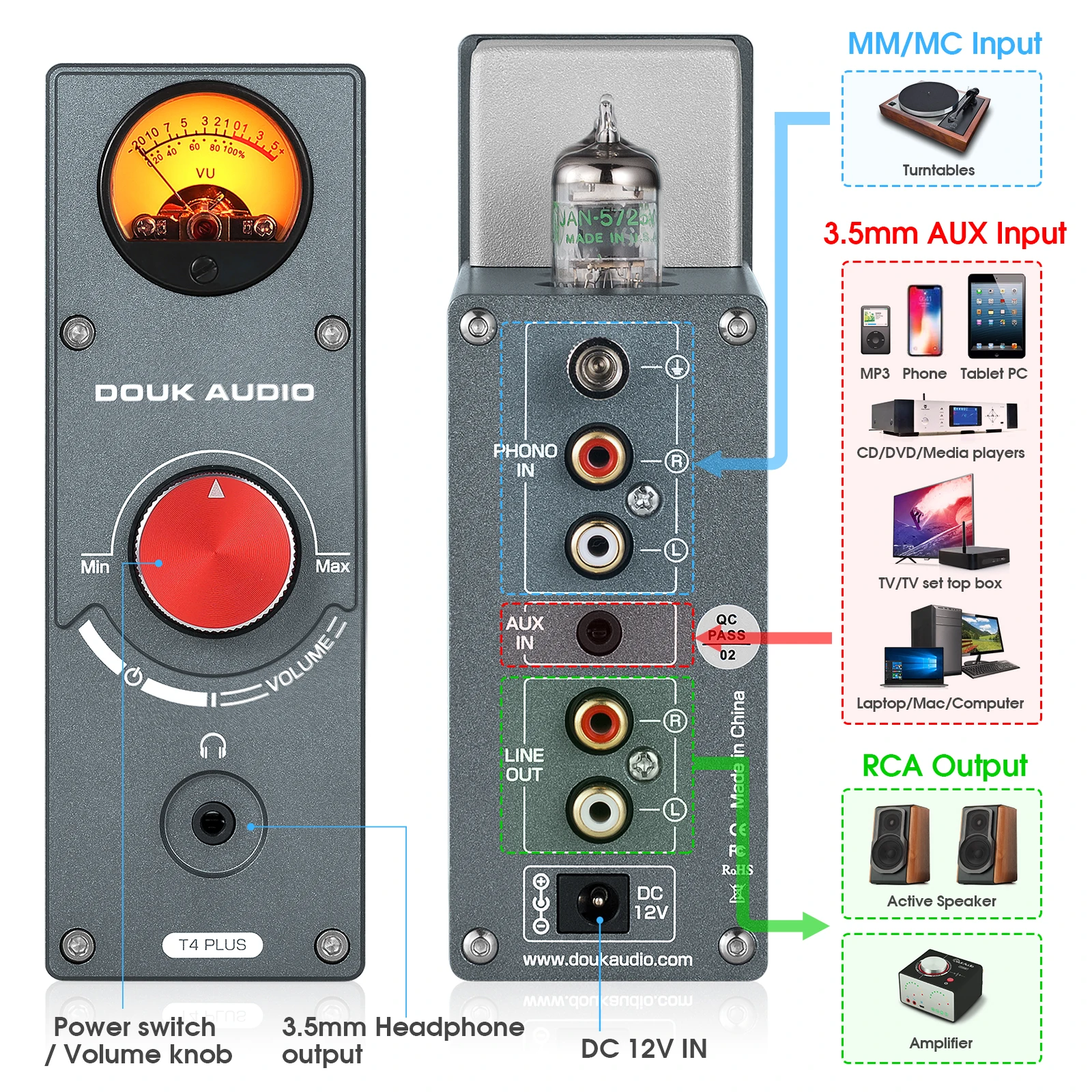 Douk Audio JAN5725 Tabung Vakum Phono Preamp untuk MM/MC Turntable Home Stereo Audio Preamp Headphone Amplifier dengan VU Meter