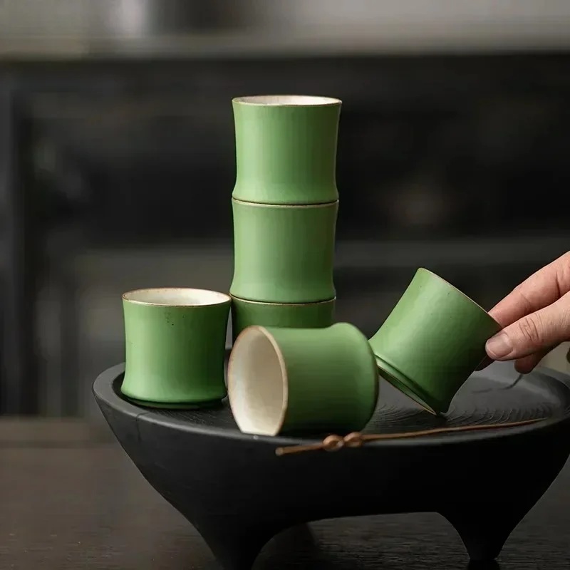 Bamboo Joint Stoneware Green Glaze Master Cup, Step‑by‑Step Rising Ceramic Tea Cup, Creative Kung Fu Tasting Cup for Tea