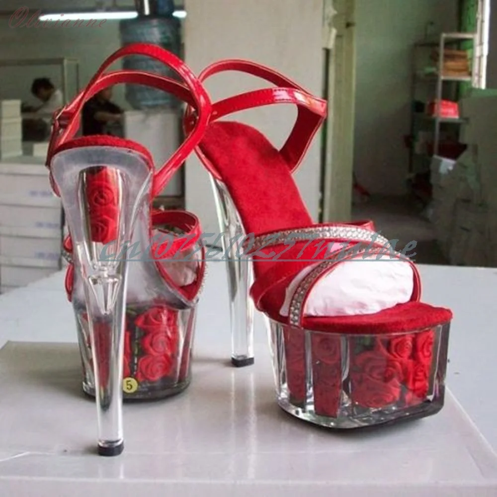 Pink Hollow Clear Platform Rose Flowers Design Sandals Siletto High Heel Ankle Buckle Strap Shoes for Women Fashion Pole Dance