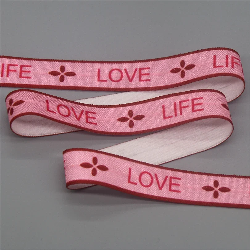 DHK 5/8\'\' 10yards Love Sister Life Happy Printed Fold Elastic FOE Stretch Ribbon Decorations Craft DIY Sewing B2256