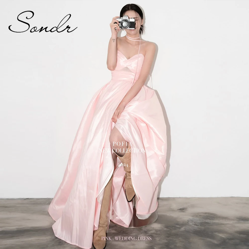 ชุดราตรีเกาะอกสีชมพูหวานแบบเกาหลี ชุดแต่งงานแบบกระดุมแป๊ก ชุดราตรีทรงเอไลน์สำหรับงานเลี้ยงฉลองสมรส  สามารถสั่งตัดได้