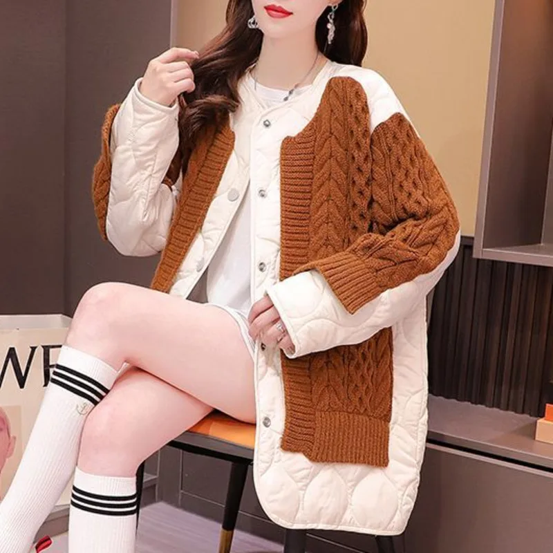 [EWQ] Spliced Cotton Long Sleeve Knit Cardigan Single Breasted Loose Women Winter Thick Sweater Jacket 2024 Autumn New 16O2555