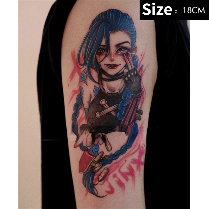 Luna Store     Anime Arcane Jinx Tijdelijke Tattoo Cartoon Big Size Waterdichte Fake Tattoo League Body Art Graffiti Tattoo Sticker