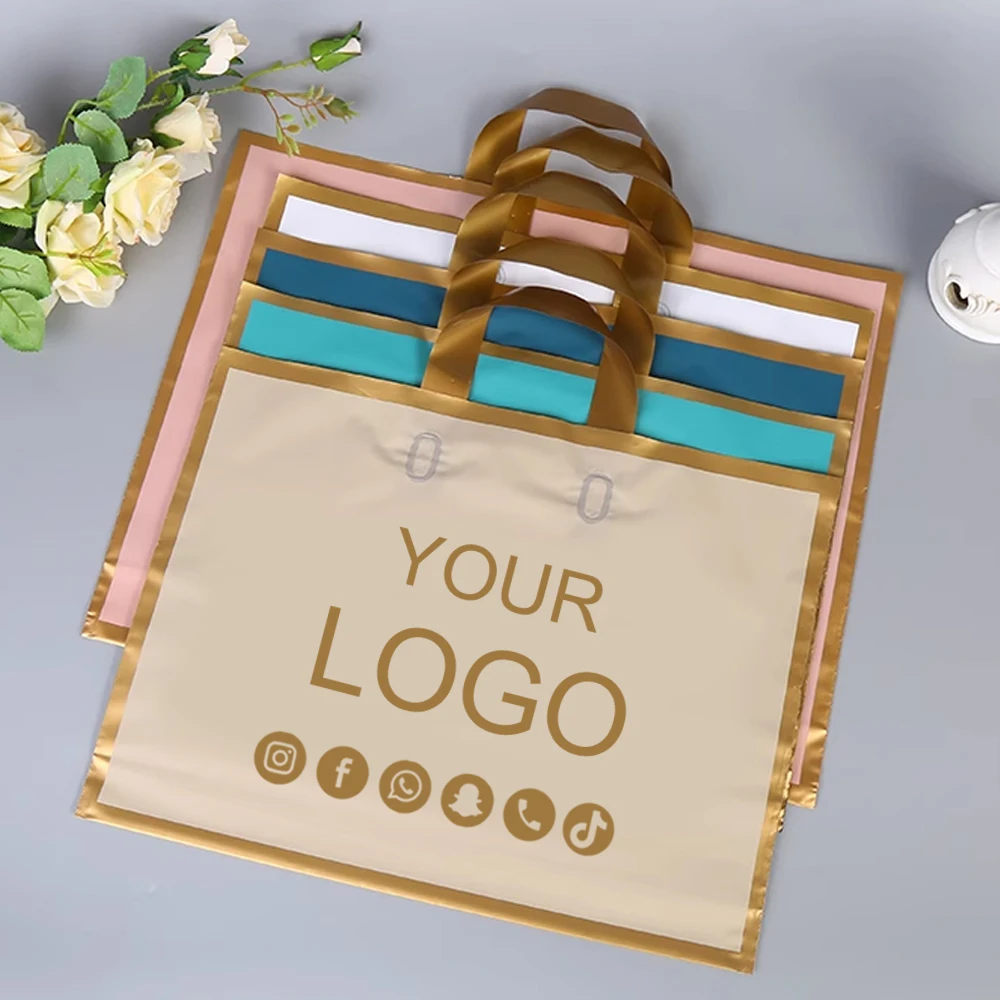 50 Uds. Bolsas con logotipo personalizado con asa marco dorado grueso Boutique regalo ropa embalaje bolsa de compras bolsas de impresión de ambos lados