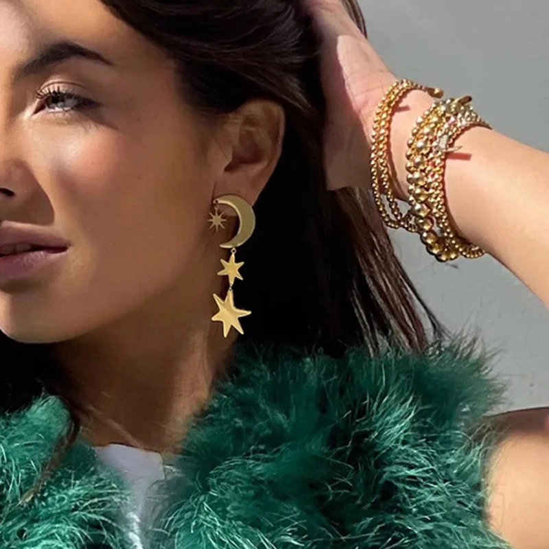 PRISCA | Metal Star Moon Dangle Earrings Women Stainless Steel European Street Jewelry 18k Gold New 2026