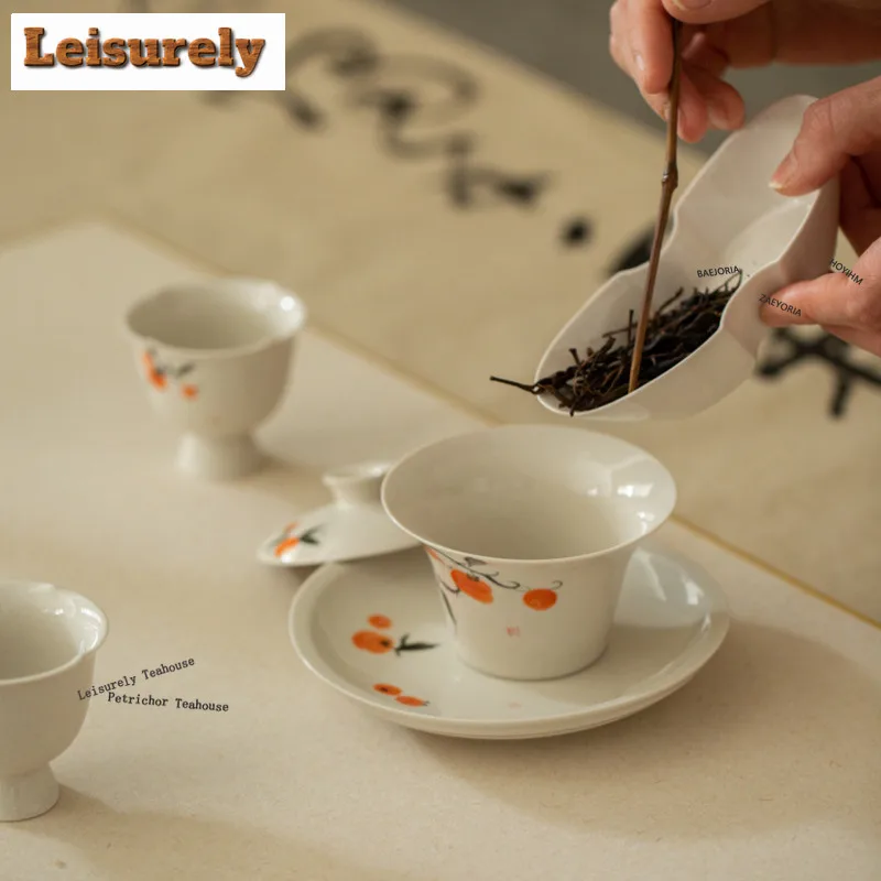 HOYIHM 120ml Plant Ash Hand Drawn Persimmon Horseshoe Gaiwan Zen Tea Tureen Tea Bowl With Lid Kit Tea Maker Cover Bowl Tea Gifts