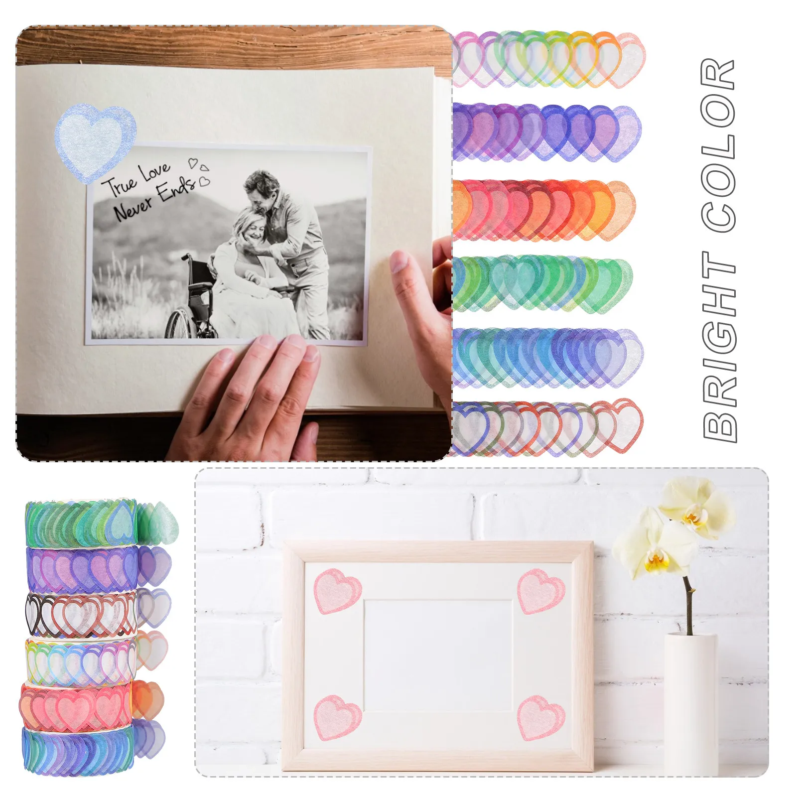 6 Rolls Heart Shape Decorative Washi Tapes Easy Peel No Sticky Residue Lightweight Portable Tape for Notebook Scrapbook Album